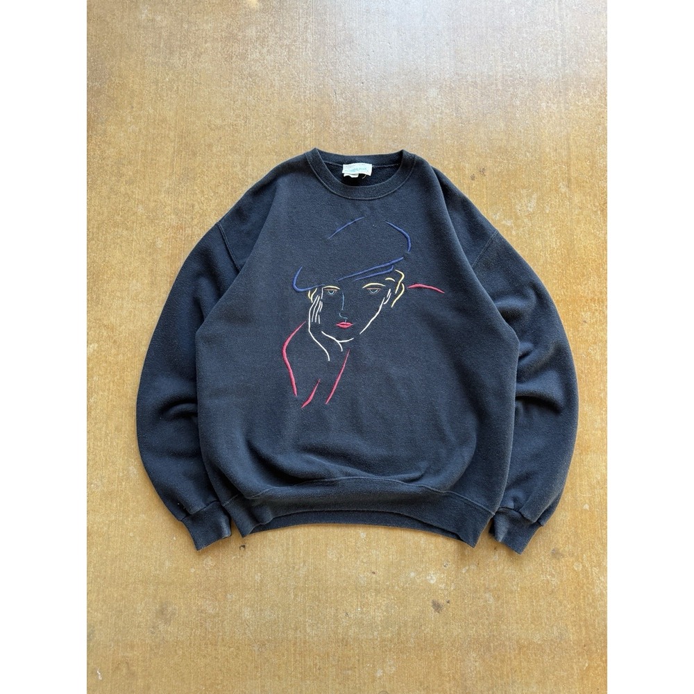 VTG 90s Bordeaux Embroidered Woman Painter Artist Black Crewneck Sweater XL